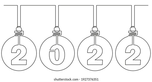 Christmas balls decorations with 2022 pattern, сontinuous line. Vector illustration, isolated on white background.