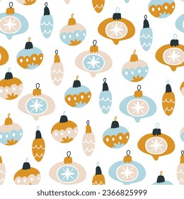 Decoraciones de bolas navideñas para el vectores de árbol de Navidad sin fisuras. Dibujo infantil a mano de doodle con un sencillo estilo escandinavo. La paleta minimalista es perfecta para imprimir