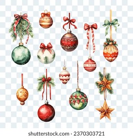 Christmas balls and decorations, watercolor drawing