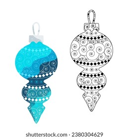 Christmas balls. Decorative winter toys. Colored and black and white New Year's balls. Hand-drawn New Year's toys. Vector illustration

