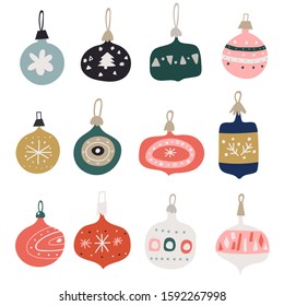 Christmas balls in different colors hanging. Happy new year. Scandinavian ornament bauble decoration, traditional geometric shapes. Christmas glass decoration.