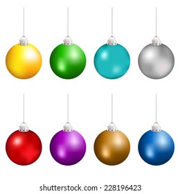 Christmas balls in different colors hanging. Vector illustration.