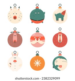 Christmas balls dinosaur, dog, dinosaur, deer, santa, fox, rabbit, snowflake, shark for festive decoration. Flat vector illustration. 