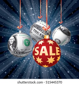 Christmas balls with dollar and USA flag texture, vector starburst background for Christmas sales

