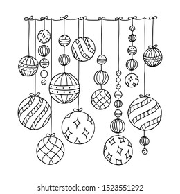 Christmas balls. Doodle coloring page. Vector illustration.