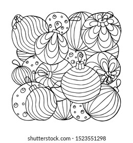 Christmas balls. Doodle coloring page. Vector illustration.