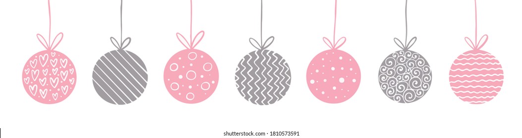 christmas balls doodle hand drawn pink and gray with patterns