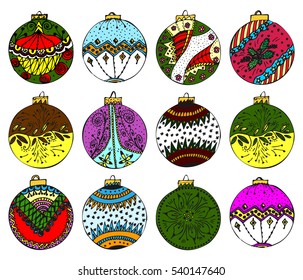 Christmas balls doodle set isolated on white background. Colorful New year handdrawn vector illustration. Decoration winter elements for web site, magazine, t-shirt prints