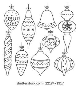 Christmas balls doodle set. New Year decoration in sketch style. Hand drawn vector illustration isolated on white background