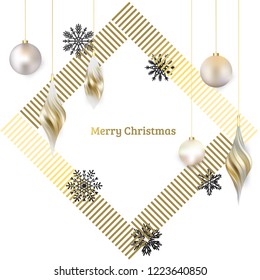 Christmas balls. Festive decorations.  Christmas background. Snowflakes. Gold. Frame.