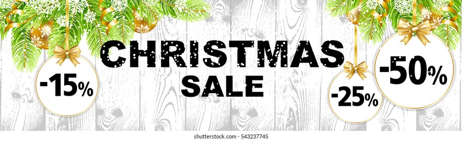 Christmas balls and fir-tree sale banner. Special offer vector tag. New year holiday card template. Shop market poster design.