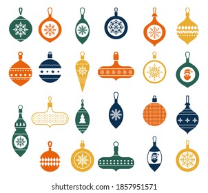 Christmas balls in a flat style on a white background. Modern hand drawn baubles. Vector illustration. Christmas Clip Art. Collection of beautiful baubles and decorations for Christmas tree.