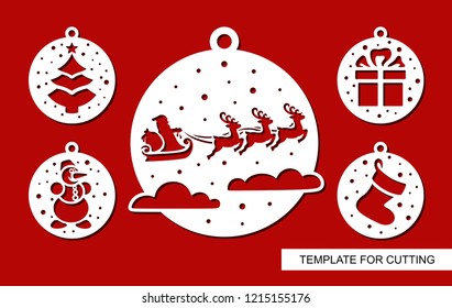 Christmas balls with flying Santa Claus, reindeer, tree, snowman, gift and sock. Festive decoration for New Year. Winter template for laser cutting, wood carving, paper cut and printing. Vector image.