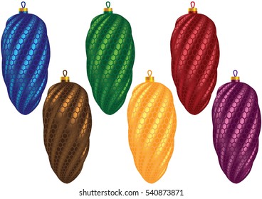 Christmas  balls in the form of pine cones in a grid 