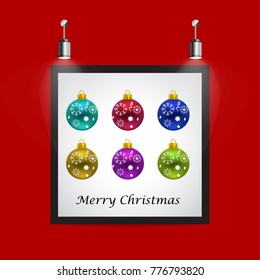 Christmas balls frame on red background