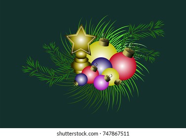 Christmas balls in the frame of Christmas tree branches. The background is dark green. Vector illustration