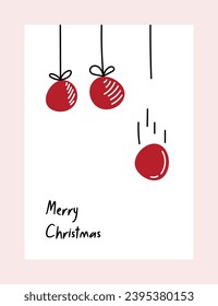 Christmas balls. Funny Christmas card with hanging Christmas balls. greeting card design, minimalism line drawing of christmas baubles. Vector illustration minimalistic design