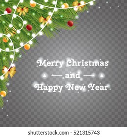 Christmas balls, garlands and christmas tree branches on transparent background.
Merry christmas. Happy New Year