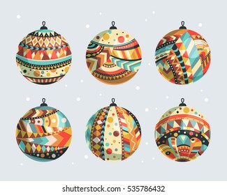 Christmas balls with geometric pattern in boho style
