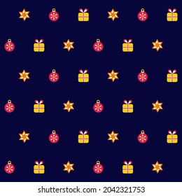 Christmas Balls With Gift Boxes And Stars Decorated On Blue Background.