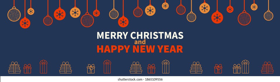 Christmas balls and gifts on a dark blue background. Horizontal banner template for your holiday flyers, greeting and invitation cards, website headers, advertisements. Vector illustration