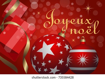 Christmas balls and gifts in red harmony with a text in French.
In a festive atmosphere this sweet and graphic illustration in red, white and gold colors is an invitation to the dream.