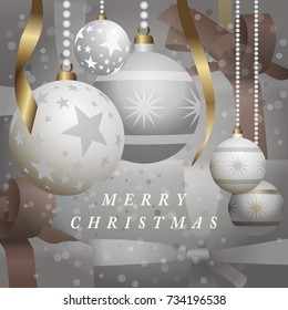 Christmas balls and gifts in silver.
In a festive atmosphere this sweet and graphic illustration in the colors silver, gold and white is an invitation to the dream. English text.
