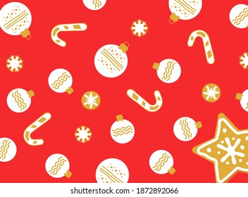 Christmas Balls and Gingerbread Cookies on Red Background. Modern Flat Vector Illustration. Seamless Pattern.