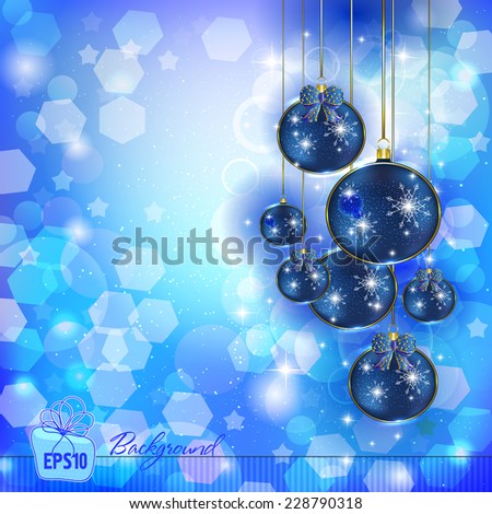 Christmas balls in the glare.  Vector illustration of holiday, Christmas tree decorations, menu, card, postcard, banner. Hanging a bunch of Christmas tree decorations.