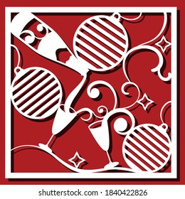Christmas balls and glass, shampagne bottle for laser cutting. New Year card. Vector illustration