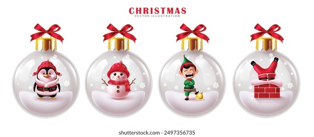 Christmas balls glass vector set design. Christmas characters like santa claus, penguin, snowman and elf in crystal transparent bauble collection isolated in white background. Vector illustration 
