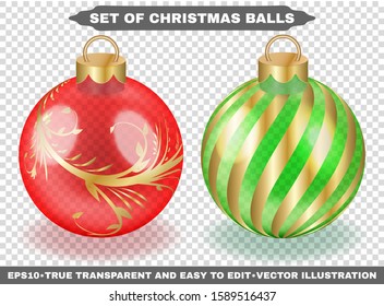 Christmas balls with gold pattern and stripes on a transparent background. Colorful elegant realistic isolated objects for your design and projects. Xmas stocking decorations. Vector illustrations set