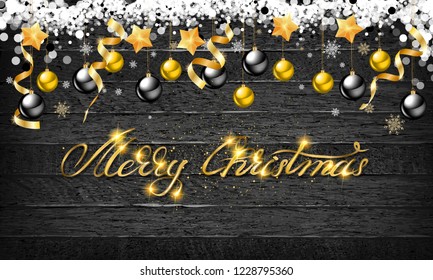 Christmas balls with gold stars and confetti on wooden background. Holiday lettering Merry Christmas and Happy New Year. Vector illustration.