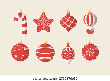 Bolas de Navidad, conjunto de diseño de Vector dorado. Elementos de decoración de bolas de Navidad de oro para la colección de decoración de temporada navideña. Bolas de Navidad de diseño plano