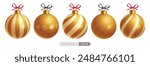 Christmas balls gold vector set design. Gold xmas balls with stripe, glitter, shiny and pattern decoration elements for holiday season ornaments collection. Vector illustration elegant bauble design. 