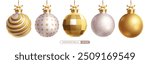 Christmas balls gold vector set design. Christmas elegant ball in embossed pattern, shiny, silver glitter and glossy round bauble hanging isolated in white background. Vector illustration 3d ornaments