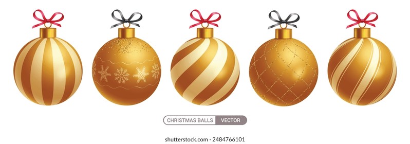 Bolas de Navidad de oro Vector conjunto de diseño. Bolas de navidad doradas con Elementos de decoración de rayas, brillantes y estampados para la colección de adornos de temporada navideña. Ilustración vectorial elegante diseño de la burbuja. 