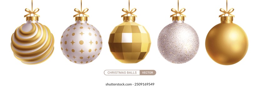 Christmas balls gold vector set design. Christmas elegant ball in embossed pattern, shiny, silver glitter and glossy round bauble hanging isolated in white background. Vector illustration 3d ornaments