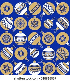 Christmas balls, gold, white, blue background, seamless. Blue seamless background with white and gold Christmas balls. Christmas and New Year. Print.  