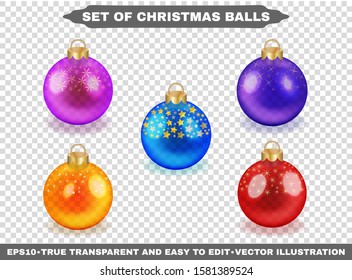Christmas balls with golden circles and stars on a transparent background. Colorful elegant realistic isolated objects for your design and projects. Xmas stocking decorations. Vector illustrations set