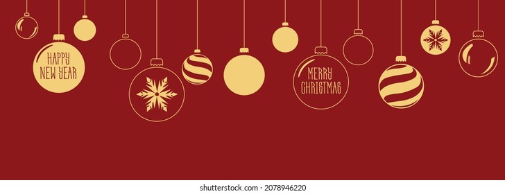 Christmas balls of golden color on a red background. Merry Christmas and Happy New Year greetings. Images of snowflakes. New Year and Christmas design of greeting cards and advertising banners. Print