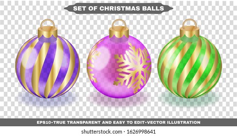 Christmas balls with golden patterns on a transparent background. Colorful elegant realistic isolated objects for your design and projects. Xmas stocking decorations. Vector illustrations set. EPS10.