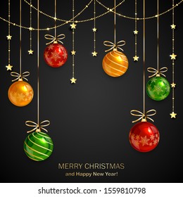 Christmas balls and golden stars on black background. Illustration with lettering Merry Christmas can be used for holiday design, cards, invitations, posters, postcards and banners.