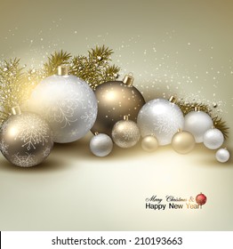 Christmas balls, golden Xmas baubles. Garland. Vector