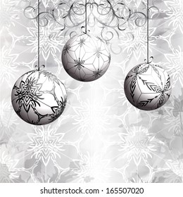 Christmas balls with graphic black and white pattern and silver curls on textured and splashed background. Merry Christmas and Happy New Year. Fully editable curls and splashes along the edges.