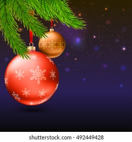 Christmas balls with green fir branches on the background with flash and Christmas lights. Realistic vector bright balls with snowflakes. Greeting card with golden text, editable eps 10