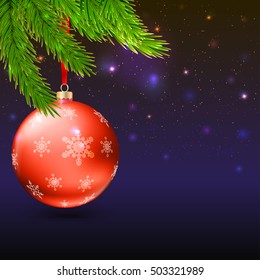Christmas balls with green fir branches on the background with flash and Christmas lights. Realistic vector bright balls with snowflakes. Greeting card with golden text, editable eps 10