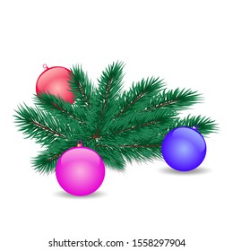 Christmas balls and green spruce branch on white background