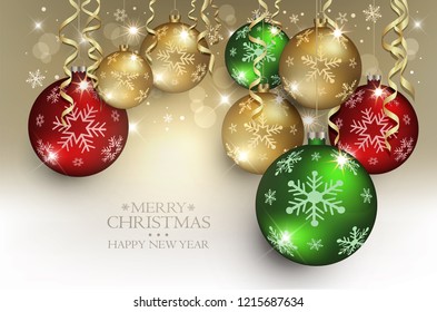 Christmas balls greeting card gold red green Background snow flake vector