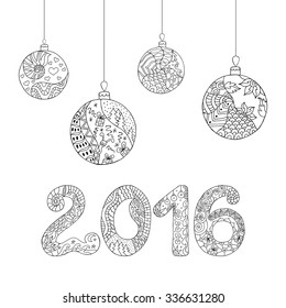 Christmas balls. Christmas greeting card with snowflakes in zentangle style. Vector illustration. 